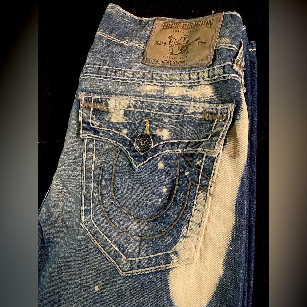 Rare! 🇺🇸 Ricky Bleach Splatter Super T True Religion size 32x34 unaltered! 😱